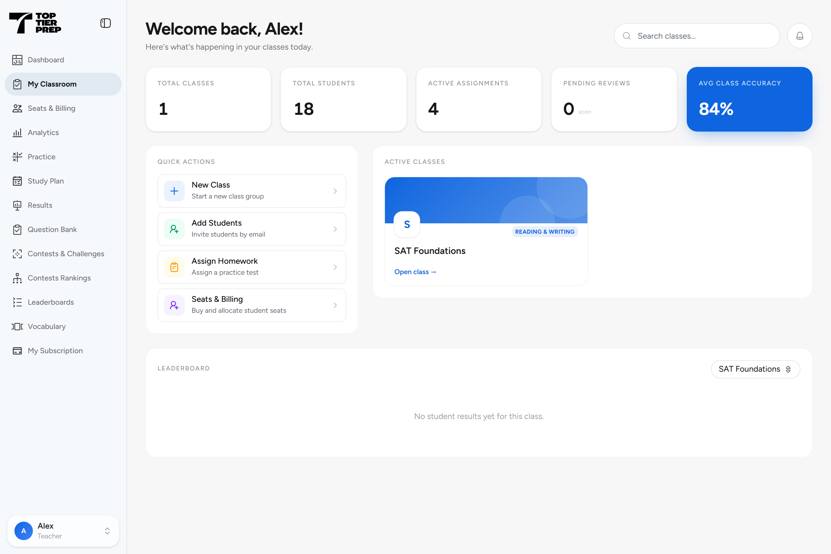 TopTierPrep classroom dashboard showing sample classes and class management controls